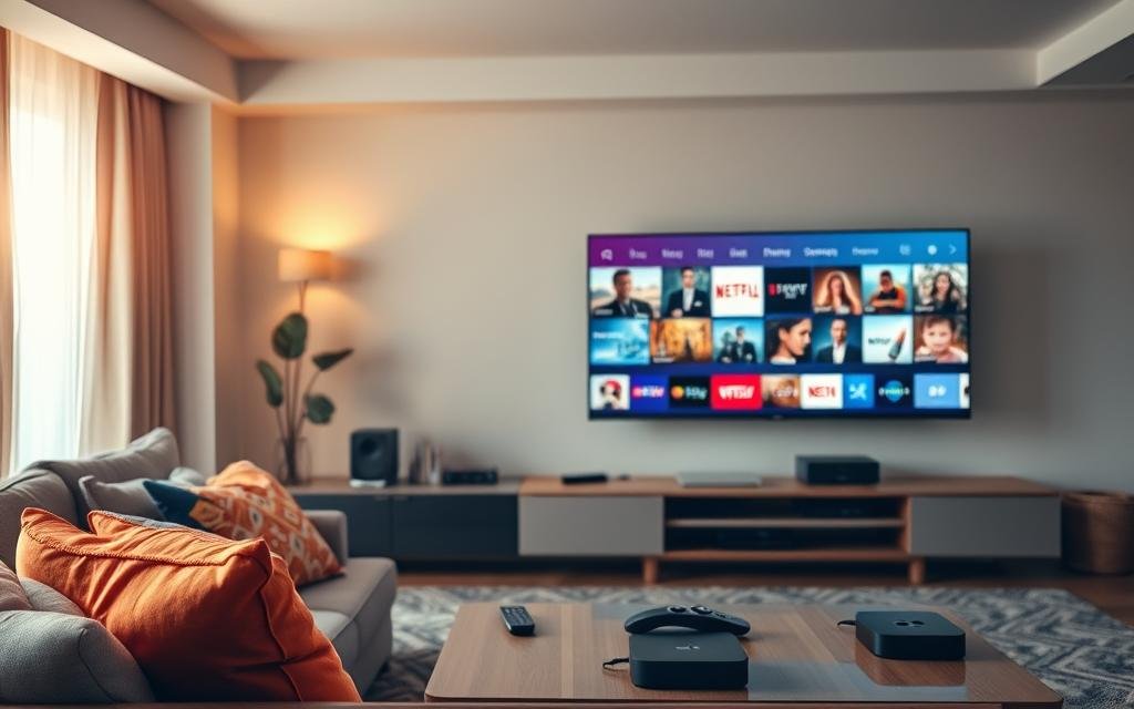 A cozy living room setup featuring a modern entertainment system showcasing various streaming services. In the foreground, a large flat-screen TV displays a vibrant collage of popular channels, movies, and series. A comfortable sofa is adorned with colorful cushions, inviting viewers to sit down and enjoy. The middle ground includes a stylish coffee table with remote controls and popular streaming devices neatly placed. The background features ambient lighting with soft, warm hues, enhancing a relaxed atmosphere. Natural light filters in through a window, casting gentle shadows. The scene reflects a family-friendly environment, embodying high-quality streaming experiences. Capture the overall mood of entertainment and comfort in this inviting space.