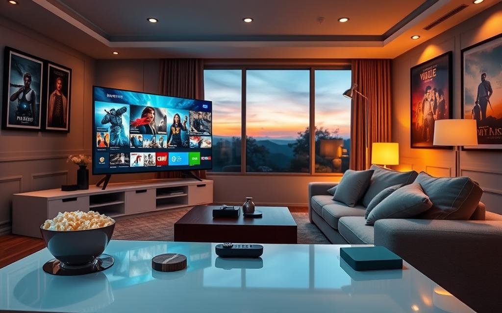 A cozy living room with a large, modern Smart TV displaying vibrant scenes from popular films and series. In the foreground, a sleek coffee table holds a bowl of popcorn, a remote control, and a couple of stylish coasters. In the middle ground, a comfortable sofa with soft cushions invites viewers to settle in. On the walls, framed posters of iconic movies and series add a cinematic touch. The ambient lighting is warm and inviting, with soft overhead lights illuminating the space. Through a large window in the background, soft twilight casts a serene glow, creating a relaxed atmosphere ideal for binge-watching. The overall mood is welcoming and encouraging, perfect for a discussion about enhancing television experiences in 2026.