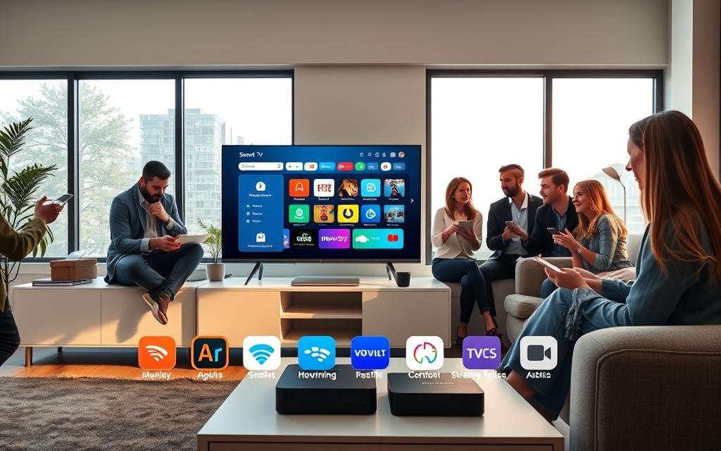 A modern living room setting showcases a Smart TV prominently displayed on a sleek, minimalist entertainment unit. In the foreground, a diverse group of friends, dressed in casual business attire, are gathered around, enthusiastically discussing and interacting with various devices—smartphones, tablets, and streaming boxes—all compatible with the TV. In the middle ground, colorful app icons are subtly integrated into the scene, representing popular streaming services. The background features large windows letting in natural light, creating a warm and inviting atmosphere. Soft shadows play across the furniture, highlighting the modern décor. The overall mood is vibrant and tech-savvy, emphasizing the connectivity and compatibility of smart devices with the TV.